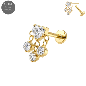 Deep rich gold PVD vacuum treated implant grade titanium threadless cartilage earring displaying a clear white cubic zirconia heart setting anchored with a fluid swinging triple crystal drop chain loop.