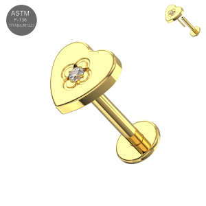 Complete ASTM F-136 Titanium Gold PVD Jeweled Heart Threadless Labret with central Cubic Zirconia (ETP244)