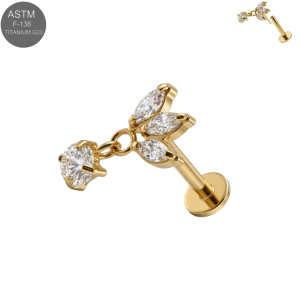 Gold PVD ASTM F-136 titanium marquise leaf cluster with round CZ drop complete threadless labret for 18G and 16G flat back piercing styles.