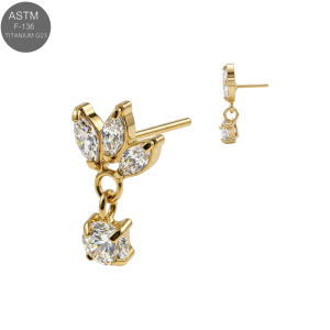Gold PVD ASTM F-136 titanium marquise leaf cluster threadless top with clear round CZ drop for universal 18G and 16G push-fit labret posts.