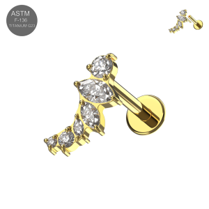 Solo view of Gold PVD titanium marquise and round CZ cluster complete labret assembly (ETP205).