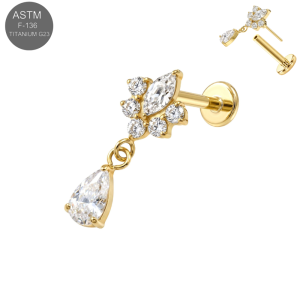 14K gold PVD coated implant grade titanium threadless labret displaying a glowing celestial flower structure of marquise and round cubic zirconia with a swinging drop stone.
