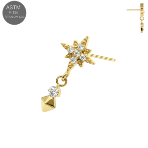 Gold PVD ASTM F-136 Titanium threadless top with North Star CZ cluster and diamond-shaped dangle.