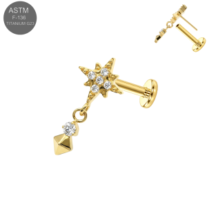 ASTM F-136 Titanium North Star CZ with Pyramid CZ Dangle Threadless Labret (18G/16G)