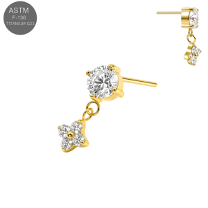Gold PVD ASTM F-136 Titanium threadless top with prong-set round CZ and flower dangle.