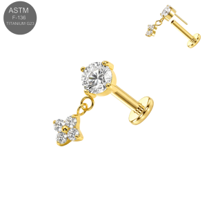 ASTM F-136 Titanium Round CZ with Flower Dangle Threadless Labret (18G/16G)