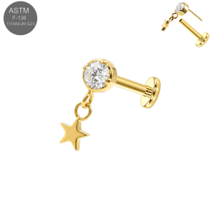 Gold PVD implant grade titanium threadless flat back labret displaying a clear round CZ top with a dangling star charm for premium celestial ear styling.