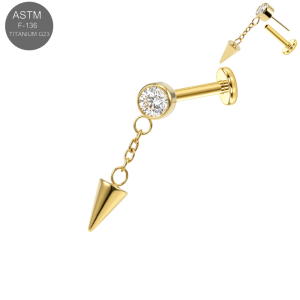 Gold PVD ASTM F-136 titanium round CZ top with chain spike dangle complete threadless labret for 18G and 16G flat back piercing jewelry.