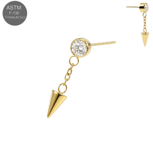 Gold PVD ASTM F-136 titanium round CZ top with chain spike dangle threadless jewelry for universal 18G and 16G push-fit labret posts.