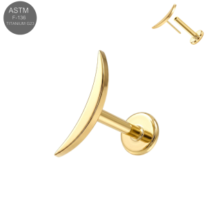 Deep gold PVD vacuum treated implant grade titanium threadless labret earring showing a minimalist solid polished crescent moon accent header. 