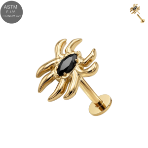 Gold PVD ASTM F-136 titanium spider black CZ complete threadless labret for 18G and 16G flat back post styling.