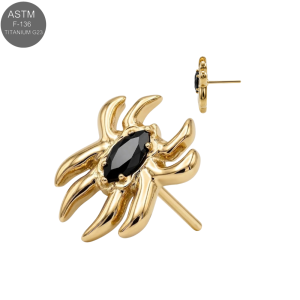 Gold PVD ASTM F-136 titanium spider black CZ threadless jewelry top for universal 18G and 16G push-fit labret posts.