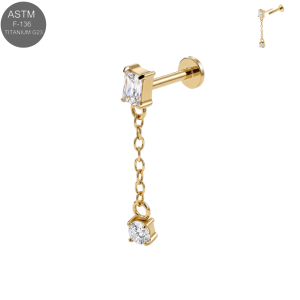 Gold PVD ASTM F-136 titanium square top with chain drop complete threadless labret for 18G and 16G flat back post styling.