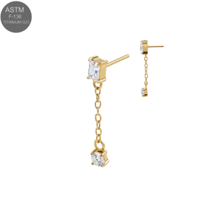 Gold PVD ASTM F-136 titanium square top with chain drop threadless jewelry top for universal 18G and 16G push-fit labret posts.