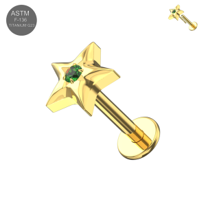 ASTM F-136 Titanium Gold PVD Star Green Round CZ Threadless Labret (ETP226).