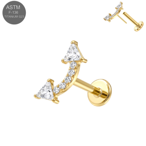 Anodized gold PVD coated implant grade titanium threadless cartilage labret displaying a geometric arc header set with brilliant white triangle and round cubic zirconia gems.
