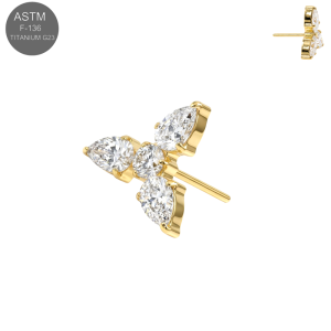 Gold PVD ASTM F-136 Titanium threadless top with trinity marquise CZ cluster.