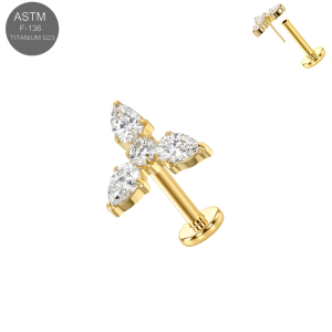 Gold PVD implant grade titanium push-fit cartilage stud highlighting three marquise gems and an intersecting center round crystal setting.