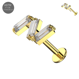 Solo view of Gold PVD titanium triple baguette cluster complete labret assembly (ETP202).