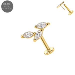Gold PVD coated implant grade titanium threadless flat back labret highlighting a brilliant white crystal climbing triple marquise foliage branch setting.