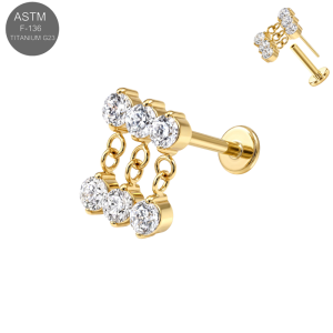 Deep gold PVD vacuum treated implant grade titanium threadless cartilage earring displaying a brilliant white cubic zirconia trinity setting anchored with a fluidly sweeping accent loop chain.