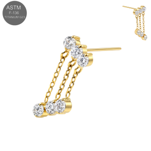 Rich gold PVD coated implant grade titanium threadless push fit top featuring a clear cubic zirconia cluster top with a fluid 19mm hanging triple chain accent arrangement.