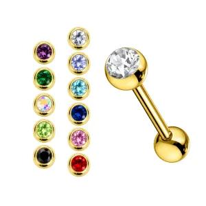 Gold PVD-Coated 316L Steel Tongue Barbell with Cubic Zirconia