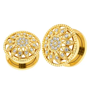 Gold PVD Plated Micro Jeweled CZ with center Opal Stone Ear Flesh Tunnel