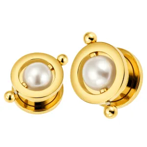Gold PVD Plated Surgical Steel Flesh Tunnel with Pearl in Center