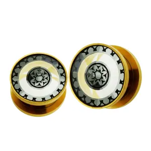 Gold PVD Platted Cut out Floral Jeweled Screw Fit Flesh Tunnel