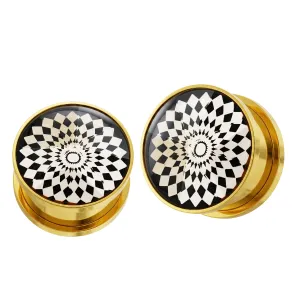 Gold PVD Platted Cut out Jeweled Screw Fit Flesh Tunnel