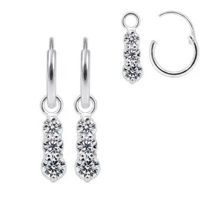 925 Sterling Silver Hanging Tri CZ Fancy Huggie Earrings