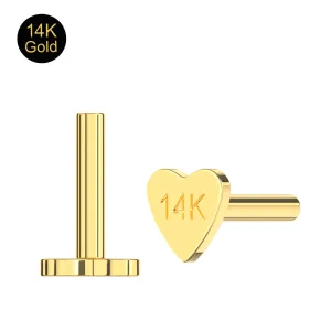 14K Solid Yellow Gold Internally Threaded Heart Flat Back Labret Post | 16G