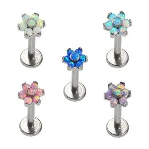 G23 Grade Titanium Flower with Opal Top Internal thread Labret 
