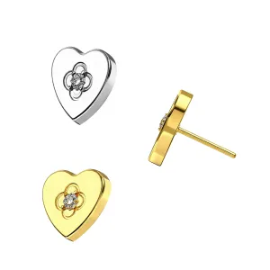 Plain Titanium and Gold PVD Heart Threadless Push-In Tops with Clear CZ