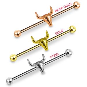 Surgical Steel Industrial Barbell Earring With Bull Head
