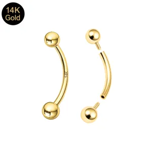 14K Solid Yellow Gold Internally Threaded Curved Barbell Eyebrow Ring | 16G