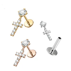 Jeweled Cross Internally Threaded Screw Fit Dangling Tragus Piercing