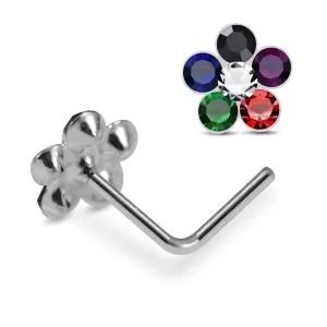 Multi Color Stone 925 Silver Jeweled Flower L-Bend Nose Stud