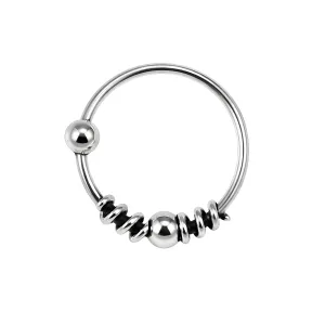 925 Sterling Silver Bali Style Oxidized Center Beaded Tribal Hinged Segment Nose Ring