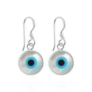 925 Sterling Silver Dangling Double sided evil eye Fish Hook shell Earring