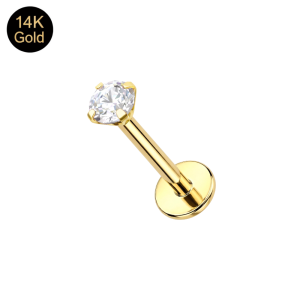 Detailed macro view of a 3mm brilliant-cut moissanite diamond set in a 14K solid gold 4-prong setting.