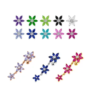 Moving Jeweled Multi Flower Designed SS Curved Banana Bar Belly Ring