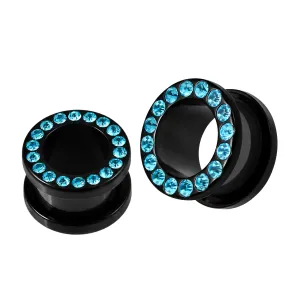 Multi Aqua Marine Crystal Stone on Black UV Acrylic Screw Fit Flesh Tunnel Ear Piercing