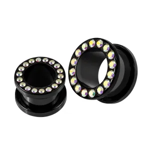 Multi Aurora Borealis Crystal Stone on Black UV Acrylic Screw Fit Flesh Tunnel Ear Piercing