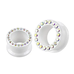 Multi Aurora Borealis Crystal Stone on White UV Acrylic Screw Fit Flesh Tunnel Ear Piercing