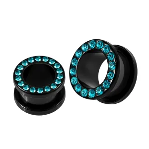 Multi Blue Zircon Crystal Stone on Black UV Acrylic Screw Fit Flesh Tunnel Ear Piercing