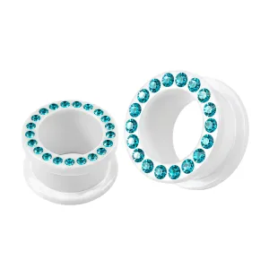Multi Blue Zircon Crystal Stone on White UV Acrylic Screw Fit Flesh Tunnel Ear Piercing