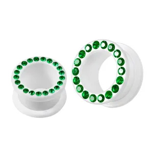 Multi Dark Green Crystal Stone on White UV Acrylic Screw Fit Flesh Tunnel Ear Piercing