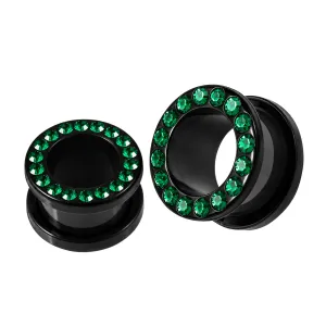 Multi Emerald Green Crystal Stone on Black UV Acrylic Screw Fit Flesh Tunnel Ear Piercing